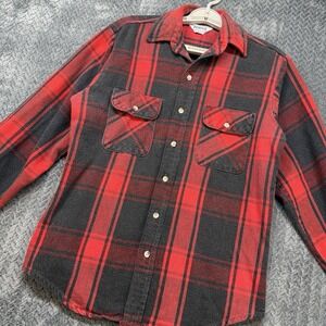 Vintage Five Brother Flannel Shirt M Red Black Buffalo Plaid USA 15-15.5 70s 80s